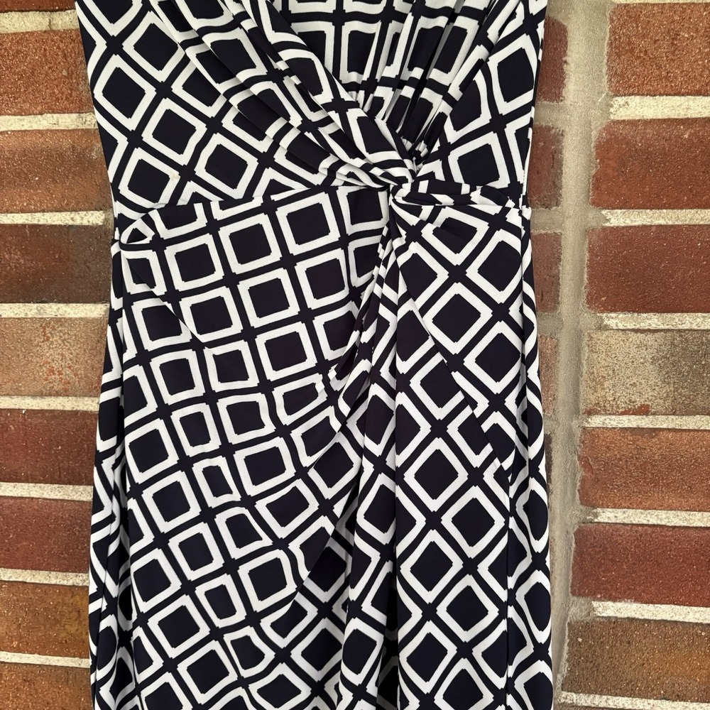 Lauren Ralph Lauren Dark Blue White Square Geometric Ruched Dress Sz 4 A2539 - Picture 3 of 5